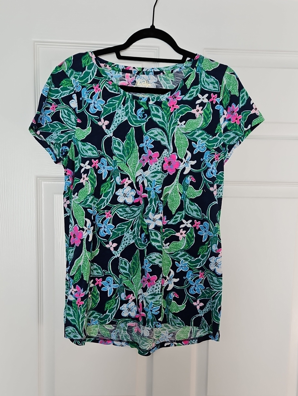 Floral Short-Sleeve Scoop Neck Top - Navy with Green & Pink By Lilly Pulitzer